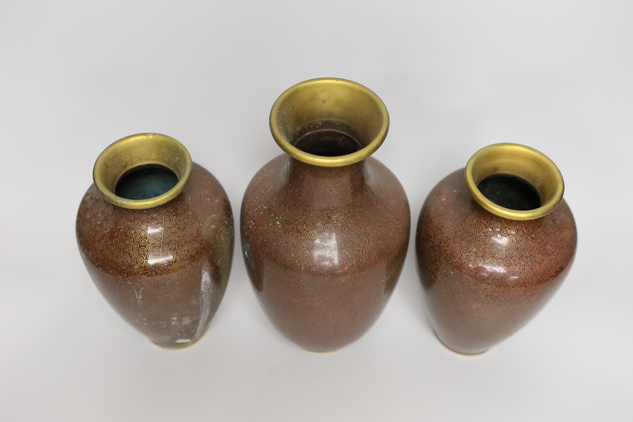 A pair of Chinese cloisonné enamel vases and another (3) 26cms